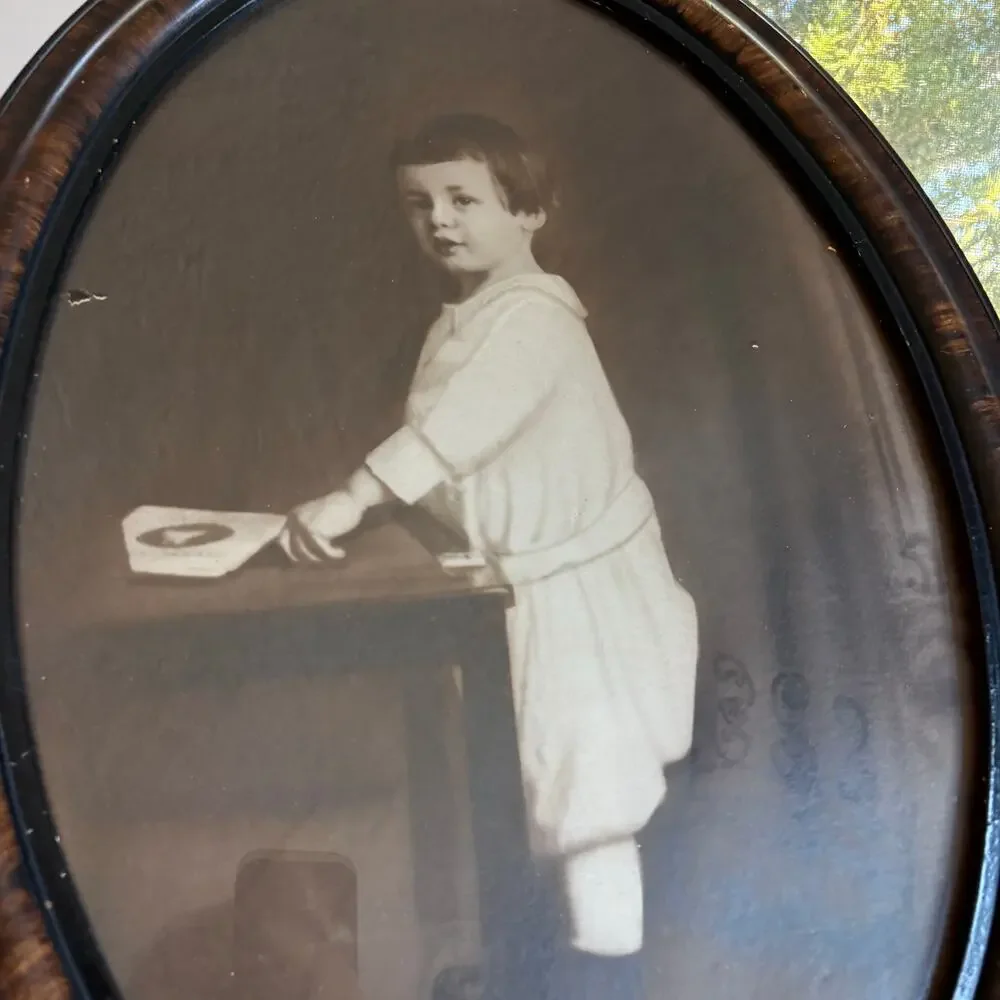 Antique Oval Child Portrait Tiger Oak Frame Sepia Photo 22.5